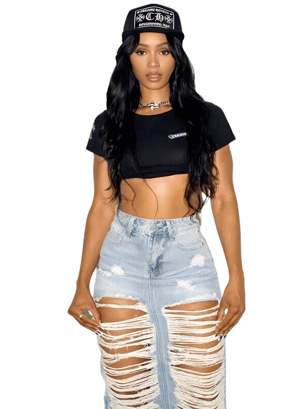 Get a women's ripped denim skirt from Drestiny with up to 50% off, free shipping, and tax paid for!