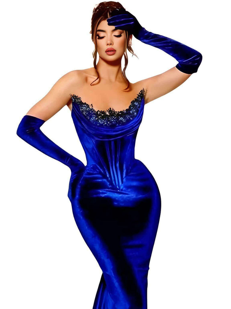 Royal Blue Beaded Off Shoulder Velour Evening Dress For Women