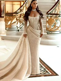 Thumbnail for Royal Saudi Glitter Evening Dress Mermaid Sparkly Pleats Off Shoulder Long Shiny Sleeves Long Pleat Court Train, Drestiny, Maxi Dresses, Long Sleeves, Beige, Custom Color, Custom Made Dresses, Dubai, Royal Dress, Prom Dresses, Off Shoulder, United States, Canada, Australia, New Zealand, United Kingdom, 2, 4, 6, 8, 10, 12, 14, 14w, 16w, 18w, 20w, 22w, custom sizes, plus size gowns, plus size evening dresses, shopdrestiny.com