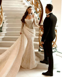 Thumbnail for Royal Saudi Glitter Evening Dress Mermaid Sparkly Pleats Off Shoulder Long Shiny Sleeves Long Pleat Court Train, Drestiny, Maxi Dresses, Long Sleeves, Beige, Custom Color, Custom Made Dresses, Dubai, Royal Dress, Prom Dresses, Off Shoulder, United States, Canada, Australia, New Zealand, United Kingdom, 2, 4, 6, 8, 10, 12, 14, 14w, 16w, 18w, 20w, 22w, custom sizes, plus size gowns, plus size evening dresses, shopdrestiny.com