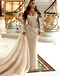 Thumbnail for Royal Saudi Glitter Evening Dress Mermaid Sparkly Pleats Off Shoulder Long Shiny Sleeves Long Pleat Court Train, Drestiny, Maxi Dresses, Long Sleeves, Beige, Custom Color, Custom Made Dresses, Dubai, Royal Dress, Prom Dresses, Off Shoulder, United States, Canada, Australia, New Zealand, United Kingdom, 2, 4, 6, 8, 10, 12, 14, 14w, 16w, 18w, 20w, 22w, custom sizes, plus size gowns, plus size evening dresses, shopdrestiny.com