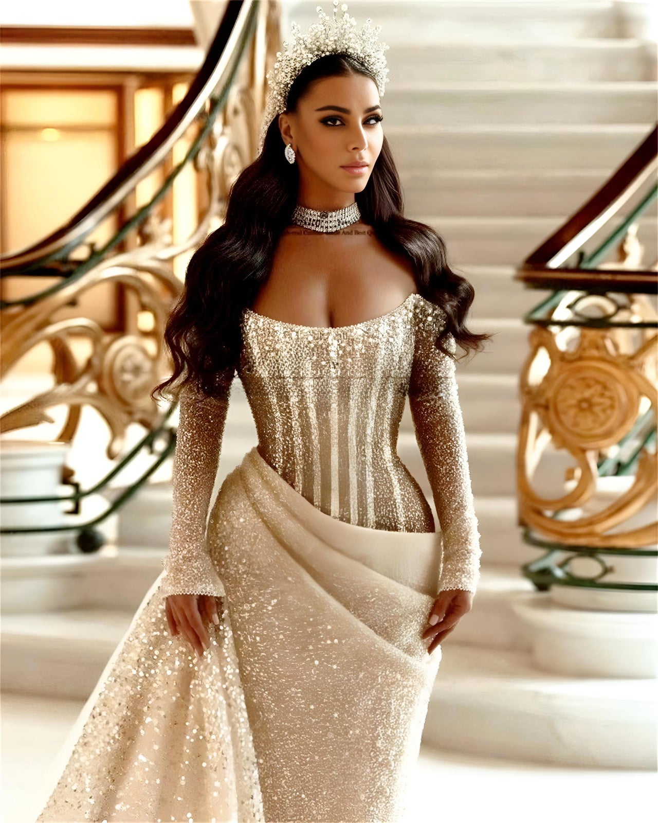 Royal Saudi Glitter Evening Dress Mermaid Sparkly Pleats Off Shoulder Long Shiny Sleeves Long Pleat Court Train, Drestiny, Maxi Dresses, Long Sleeves, Beige, Custom Color, Custom Made Dresses, Dubai, Royal Dress, Prom Dresses, Off Shoulder, United States, Canada, Australia, New Zealand, United Kingdom, 2, 4, 6, 8, 10, 12, 14, 14w, 16w, 18w, 20w, 22w, custom sizes, plus size gowns, plus size evening dresses, shopdrestiny.com