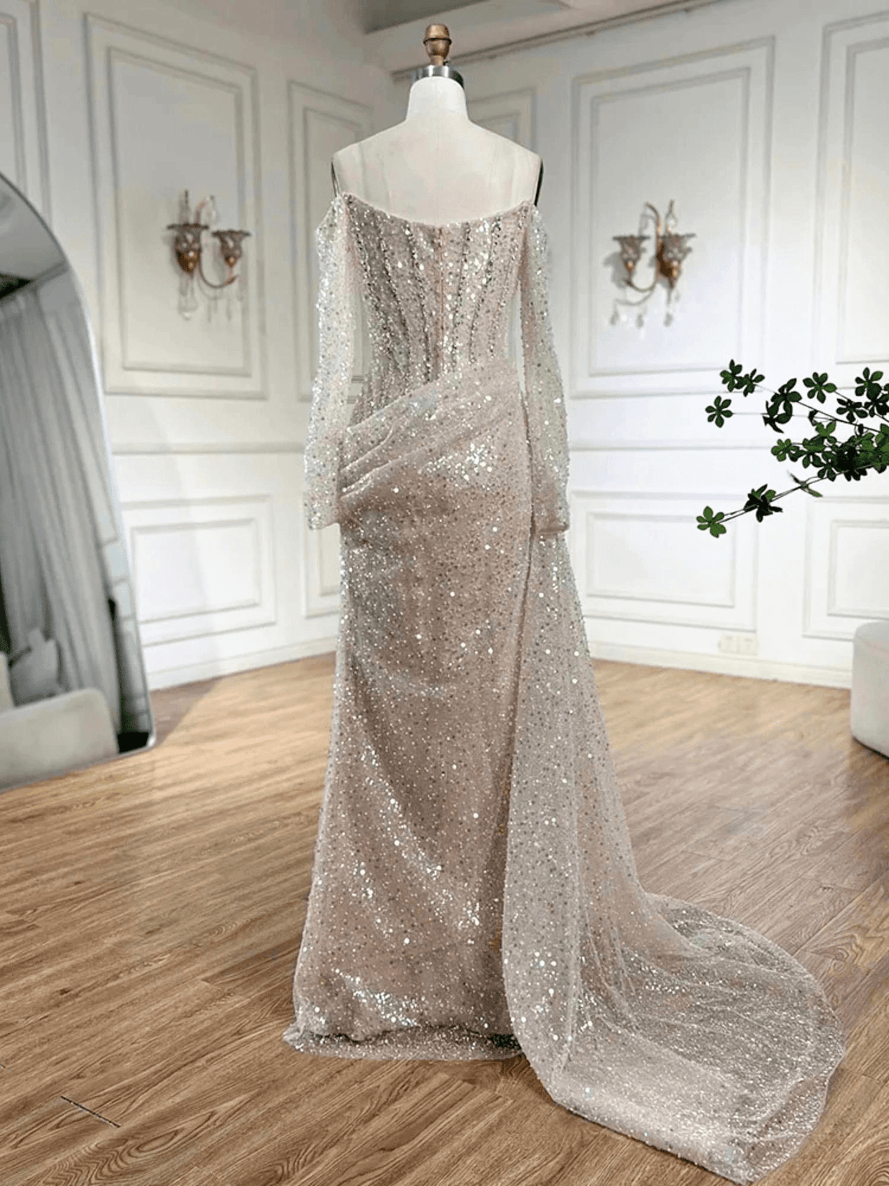 Royal Saudi Glitter Evening Dress Mermaid Sparkly Pleats Off Shoulder Long Shiny Sleeves Long Pleat Court Train, Drestiny, Maxi Dresses, Long Sleeves, Beige, Custom Color, Custom Made Dresses, Dubai, Royal Dress, Prom Dresses, Off Shoulder, United States, Canada, Australia, New Zealand, United Kingdom, 2, 4, 6, 8, 10, 12, 14, 14w, 16w, 18w, 20w, 22w, custom sizes, plus size gowns, plus size evening dresses, shopdrestiny.com