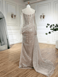 Thumbnail for Royal Saudi Glitter Evening Dress Mermaid Sparkly Pleats Off Shoulder Long Shiny Sleeves Long Pleat Court Train, Drestiny, Maxi Dresses, Long Sleeves, Beige, Custom Color, Custom Made Dresses, Dubai, Royal Dress, Prom Dresses, Off Shoulder, United States, Canada, Australia, New Zealand, United Kingdom, 2, 4, 6, 8, 10, 12, 14, 14w, 16w, 18w, 20w, 22w, custom sizes, plus size gowns, plus size evening dresses, shopdrestiny.com