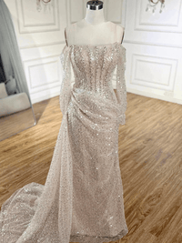 Thumbnail for Royal Saudi Glitter Evening Dress Mermaid Sparkly Pleats Off Shoulder Long Shiny Sleeves Long Pleat Court Train, Drestiny, Maxi Dresses, Long Sleeves, Beige, Custom Color, Custom Made Dresses, Dubai, Royal Dress, Prom Dresses, Off Shoulder, United States, Canada, Australia, New Zealand, United Kingdom, 2, 4, 6, 8, 10, 12, 14, 14w, 16w, 18w, 20w, 22w, custom sizes, plus size gowns, plus size evening dresses, shopdrestiny.com
