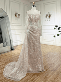 Thumbnail for Royal Saudi Glitter Evening Dress Mermaid Sparkly Pleats Off Shoulder Long Shiny Sleeves Long Pleat Court Train, Drestiny, Maxi Dresses, Long Sleeves, Beige, Custom Color, Custom Made Dresses, Dubai, Royal Dress, Prom Dresses, Off Shoulder, United States, Canada, Australia, New Zealand, United Kingdom, 2, 4, 6, 8, 10, 12, 14, 14w, 16w, 18w, 20w, 22w, custom sizes, plus size gowns, plus size evening dresses, shopdrestiny.com