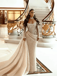 Thumbnail for Nude Glitter Mermaid Dress Sparkly Pleats Off Shoulder Long Shiny Sleeves Long Pleat Court Train, Drestiny, Maxi Dresses, Long Sleeves, Beige, Custom Color, Custom Made Dresses, Dubai, Royal Dress, Prom Dresses, Off Shoulder, United States, Canada, Australia, New Zealand, United Kingdom, 2, 4, 6, 8, 10, 12, 14, 14w, 16w, 18w, 20w, 22w, custom sizes, plus size gowns, plus size evening dresses, shopdrestiny.com