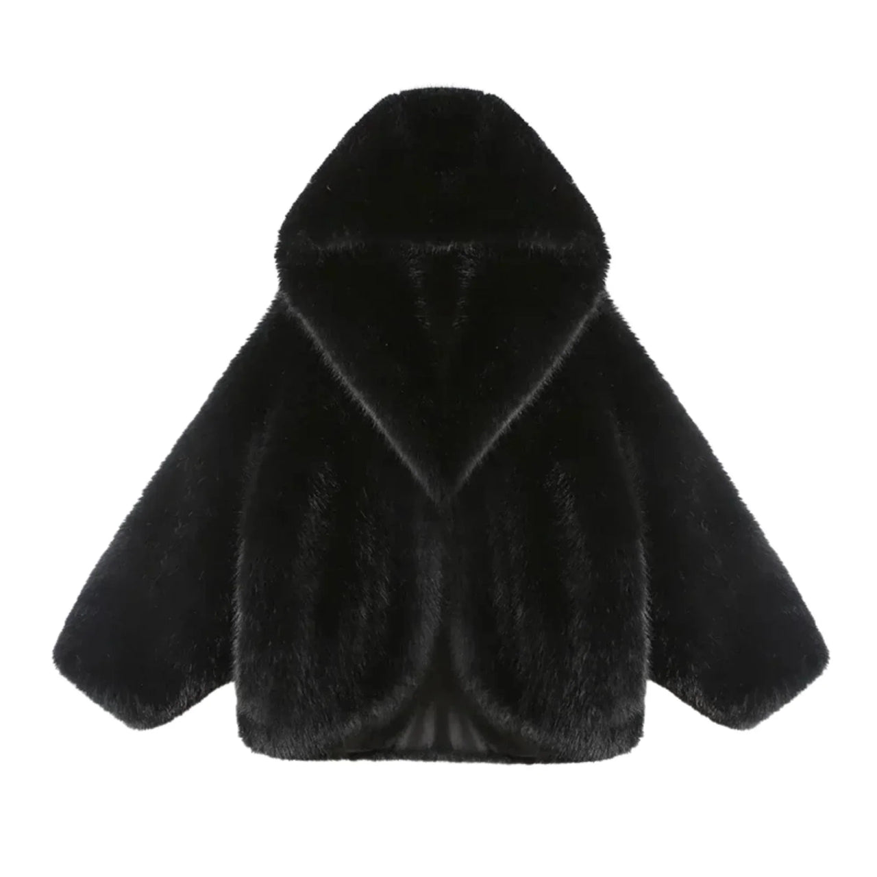 Black faux fur jacket on a white background