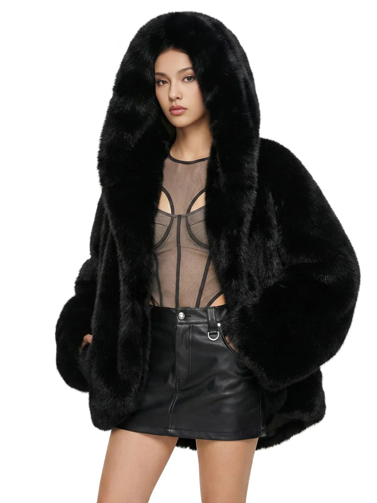 Runway Fashion Iconic Hooded Fur Coat Women Batwing Chic Winter Hailey Bieber Shaggy Overcoat Fox Fur Jacket