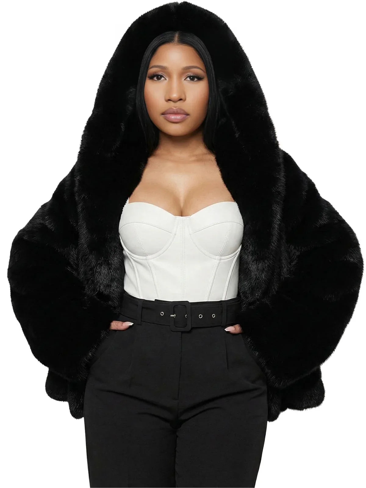 Runway Fashion Iconic Hooded Fur Coat Women Batwing Chic Winter Hailey Bieber Shaggy Overcoat Fox Fur Jacket