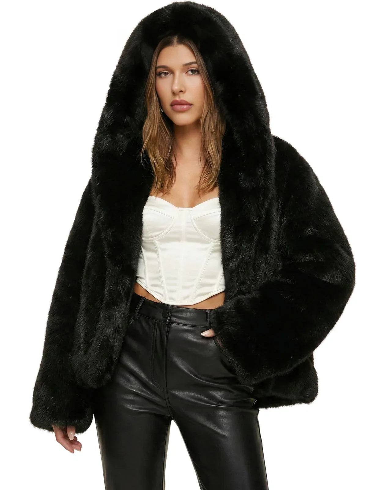 Runway Fashion Iconic Hooded Fur Coat Women Batwing Chic Winter Hailey Bieber Shaggy Overcoat Fox Fur Jacket