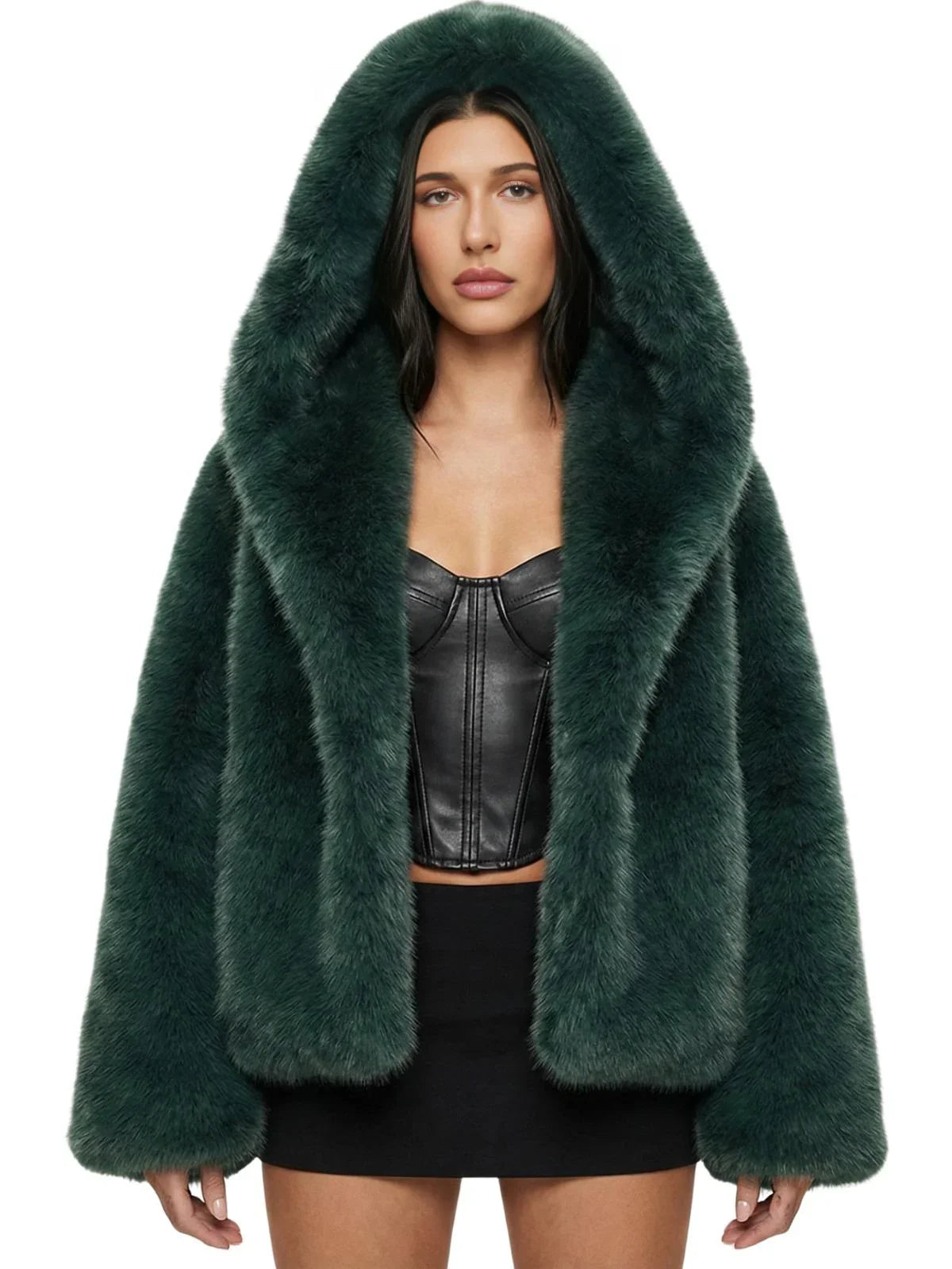 Runway Fashion Iconic Hooded Fur Coat Women Batwing Chic Winter Hailey Bieber Shaggy Overcoat Fox Fur Jacket