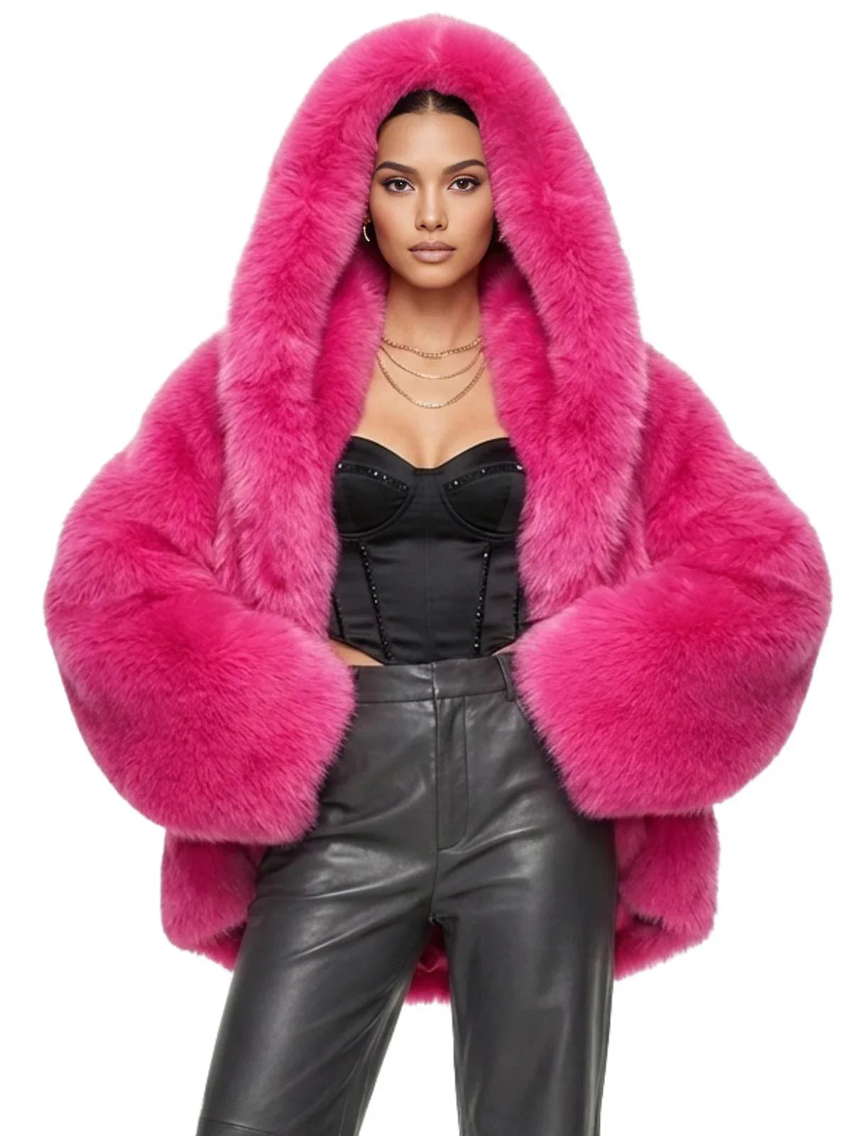 Runway Fashion Iconic Hooded Fur Coat Women Batwing Chic Winter Hailey Bieber Shaggy Overcoat Fox Fur Jacket