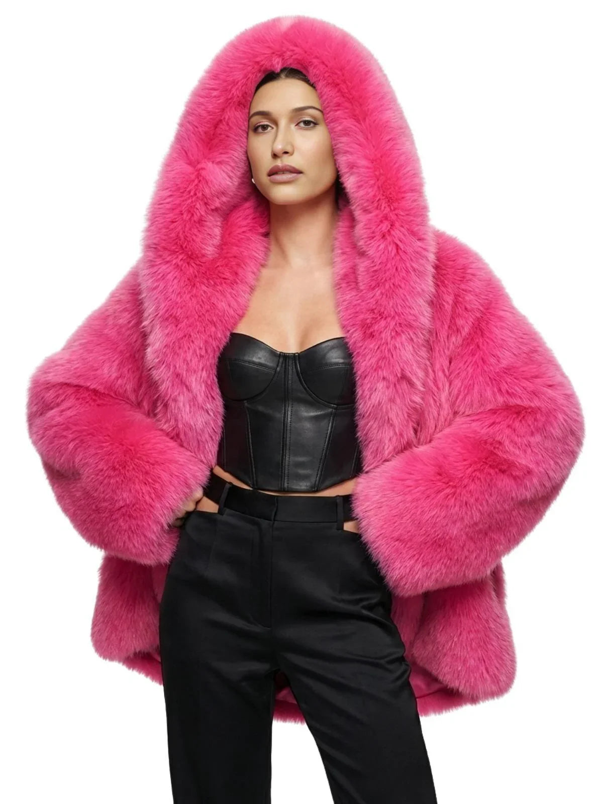 Runway Fashion Iconic Hooded Fur Coat Women Batwing Chic Winter Hailey Bieber Shaggy Overcoat Fox Fur Jacket
