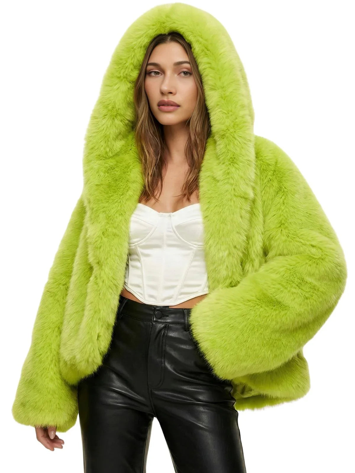 Runway Fashion Iconic Hooded Fur Coat Women Batwing Chic Winter Hailey Bieber Shaggy Overcoat Fox Fur Jacket
