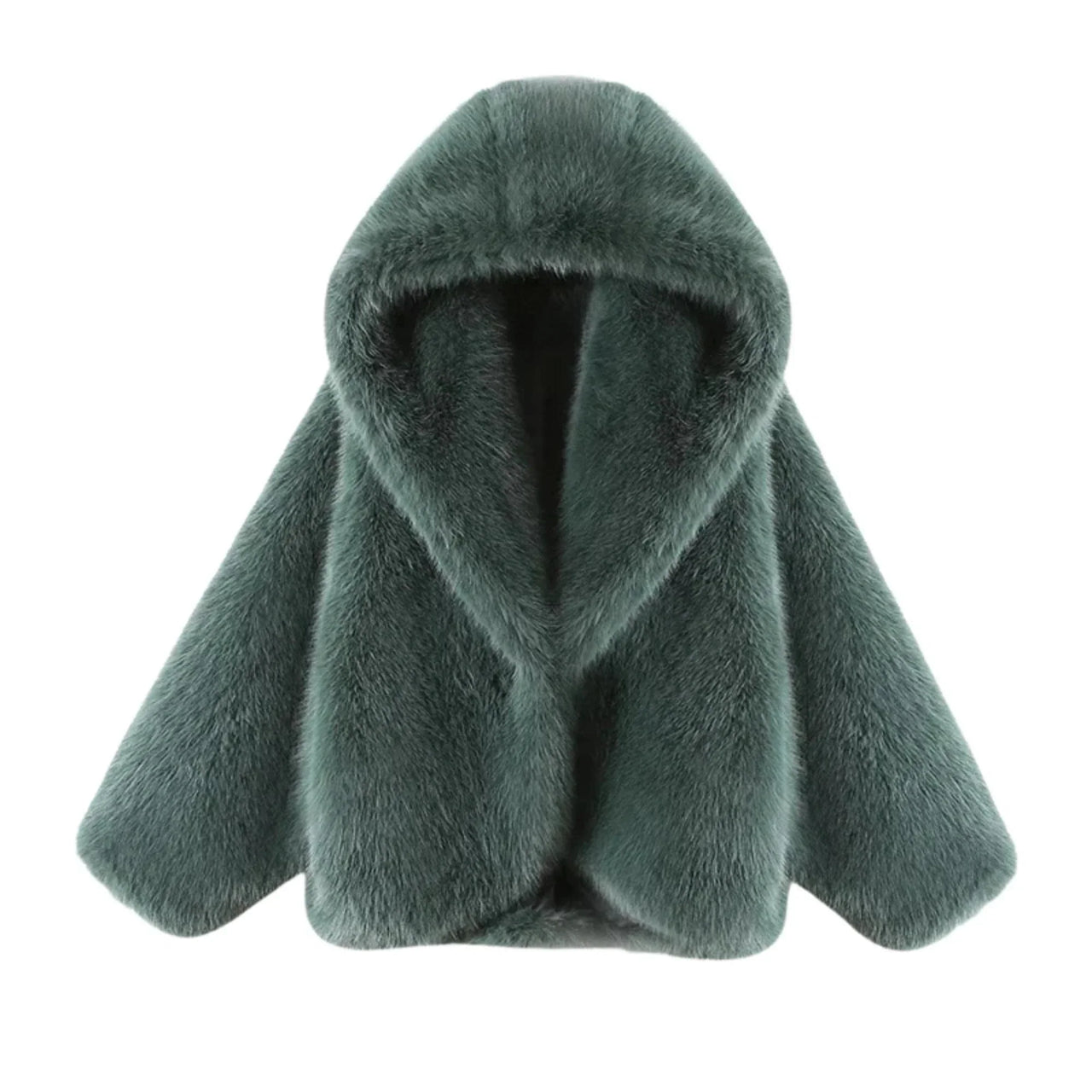 Green fur coat with hood on a white background