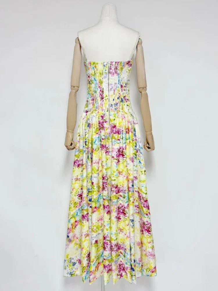 Strapless Long Bubble Dress Printed Split Design Women's Sleeveless Backless High Waist Patchwork Folds Dresses Evening Party, Maxi Dresses, Strapless, Sleeveless, Off Shoulder, XS, S, M, L, XL, United States, USA, Canada, Australia, New Zealand, United Kingdom, UK, Floral Maxi Dresses, Strapless Long Bubble Dress, Bubble Hem Maxi Dress, Strapless Puffball Dress, Bubble Dress Formal, shopdrestiny.com