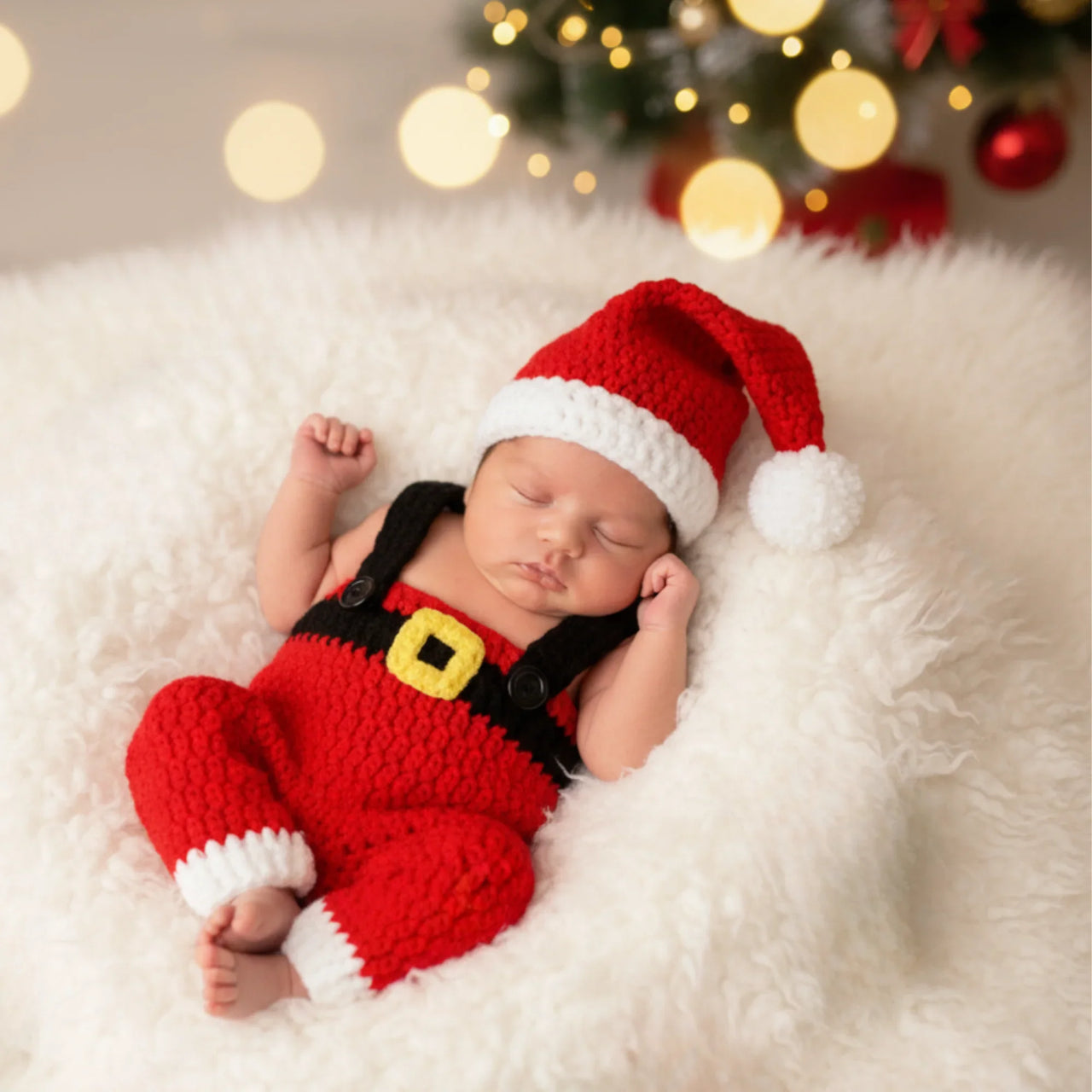 Newborn baby in a red Santa outfit with a matching hat, lying on a white surface with Christmas decorations in the background.