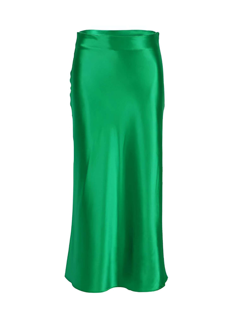 Satin Green Skirt Women High Waisted & Matching Top