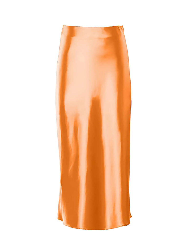 Satin Orange Skirt Women High Waisted & Matching Top
