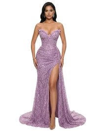 Thumbnail for Woman wearing a strapless, purple sequin mermaid evening gown with a high slit on a white background