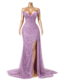 Thumbnail for Woman wearing a strapless, purple sequin mermaid evening gown with a high slit on a white background