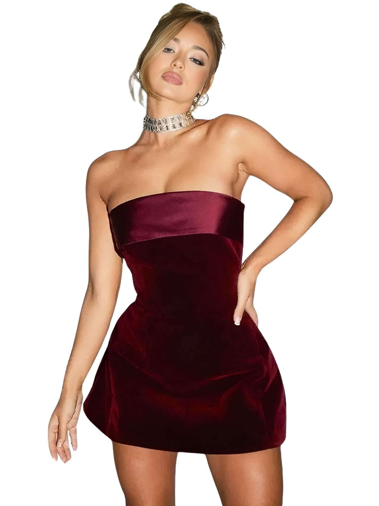 "Indulge in the allure of this short, strapless red velvet dress for women. Shop dresses at Drestiny to enjoy free shipping and have the tax covered. Don't miss out on savings up to 50% off!"