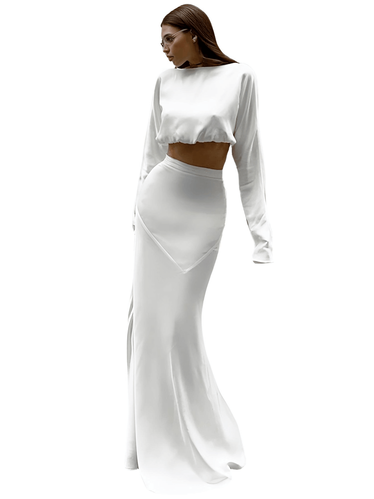 Sexy White Satin 2-Piece Set With Long Sleeve Crop Top & High Waist Long Skirt
