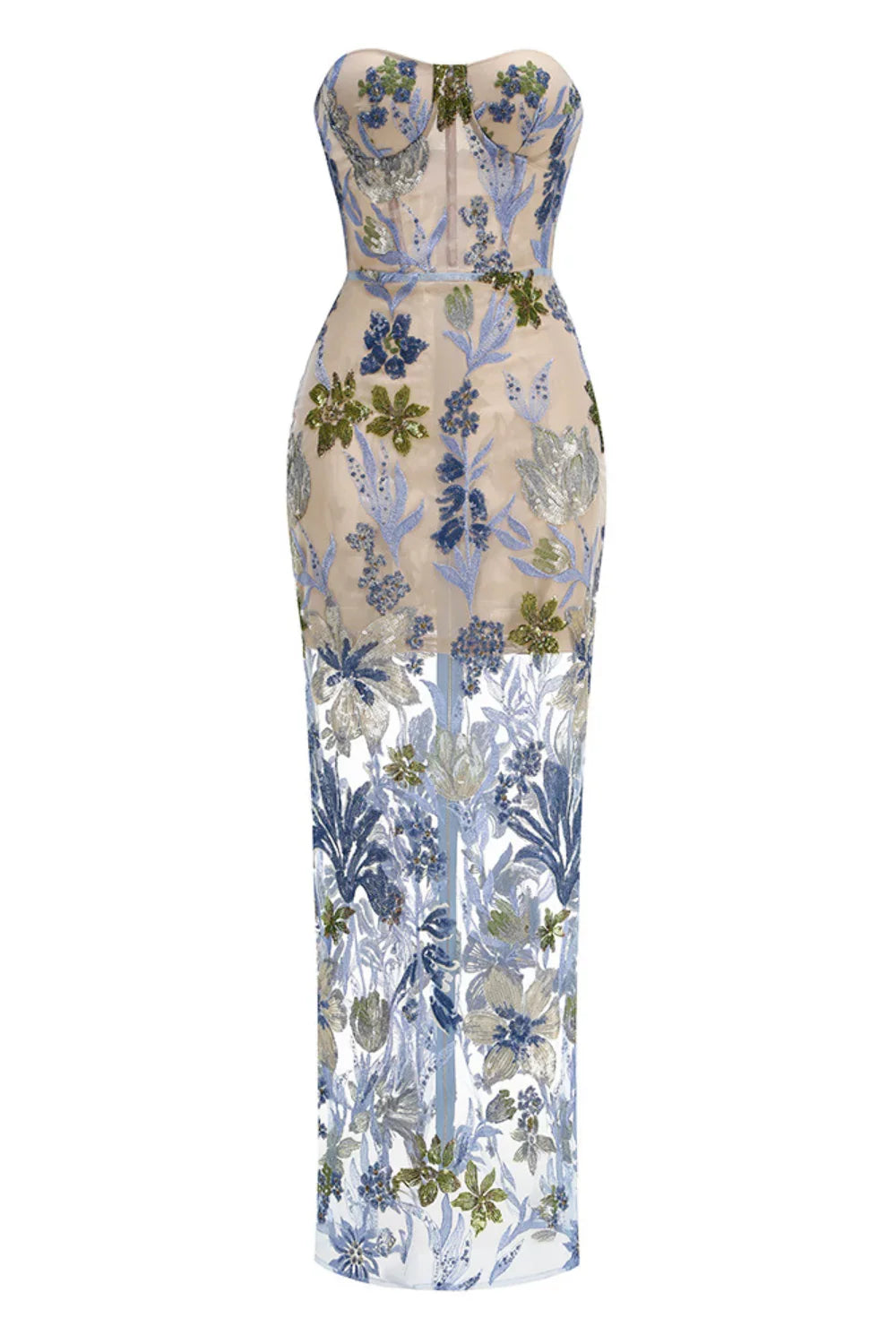 Floral strapless sequin dress on a white background