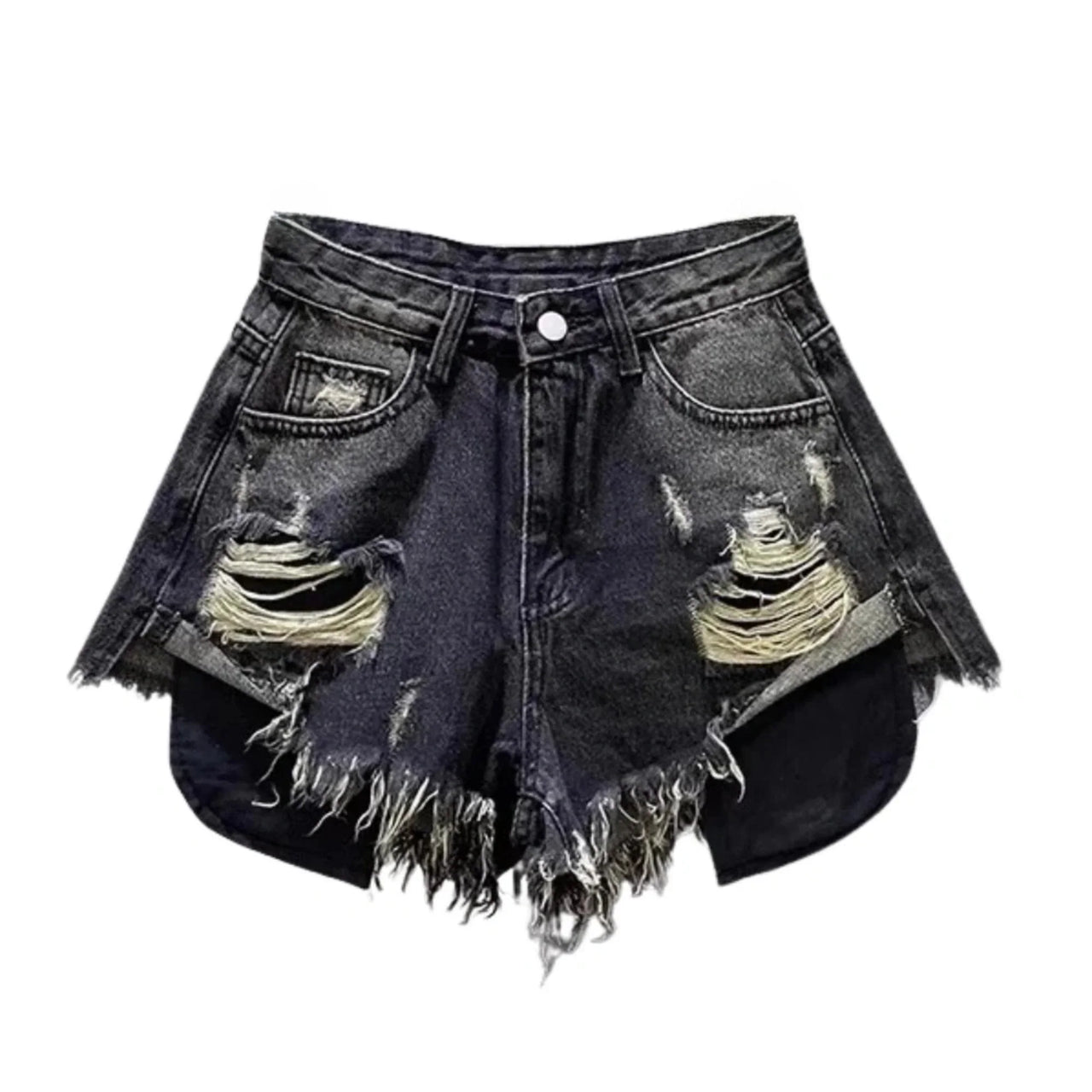 Distressed black denim shorts on a white background
