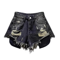 Thumbnail for Distressed black denim shorts on a white background