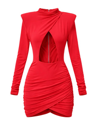 Thumbnail for Red mini dress with long sleeves and a cutout design on a white background