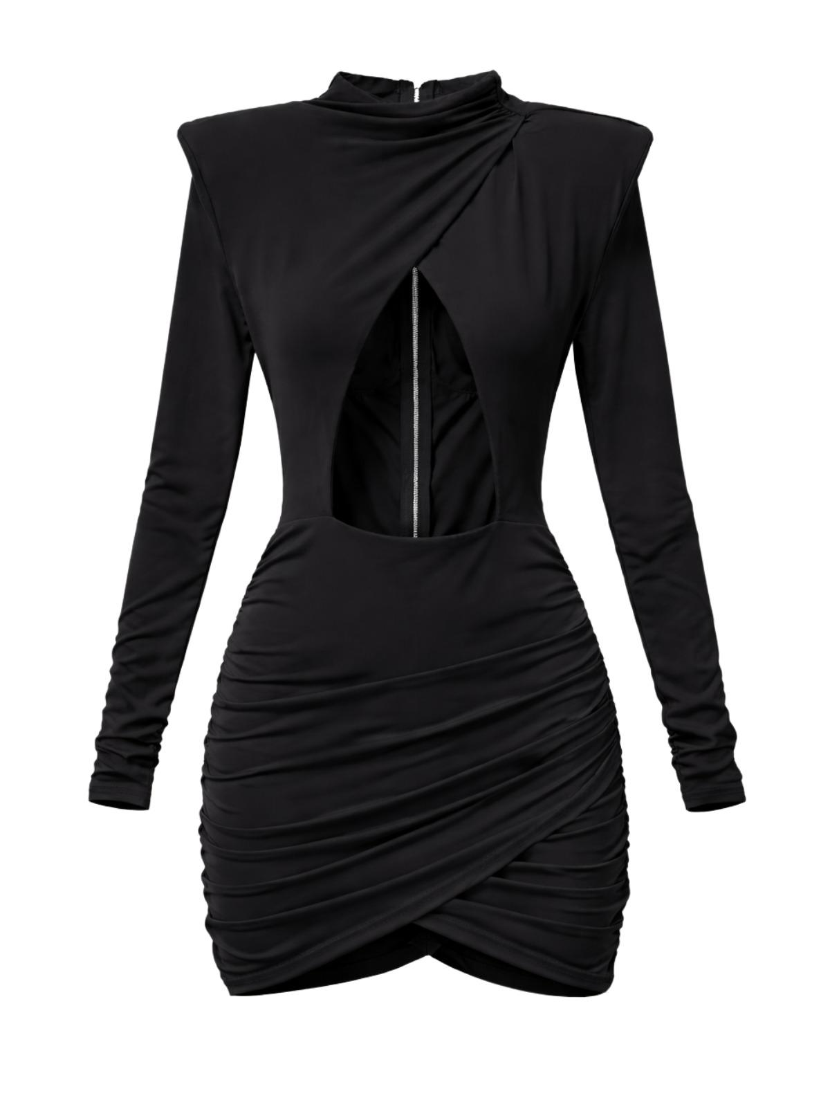 Black long sleeved mini dress with cutout design on a white background.