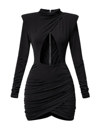 Thumbnail for Black long sleeved mini dress with cutout design on a white background.