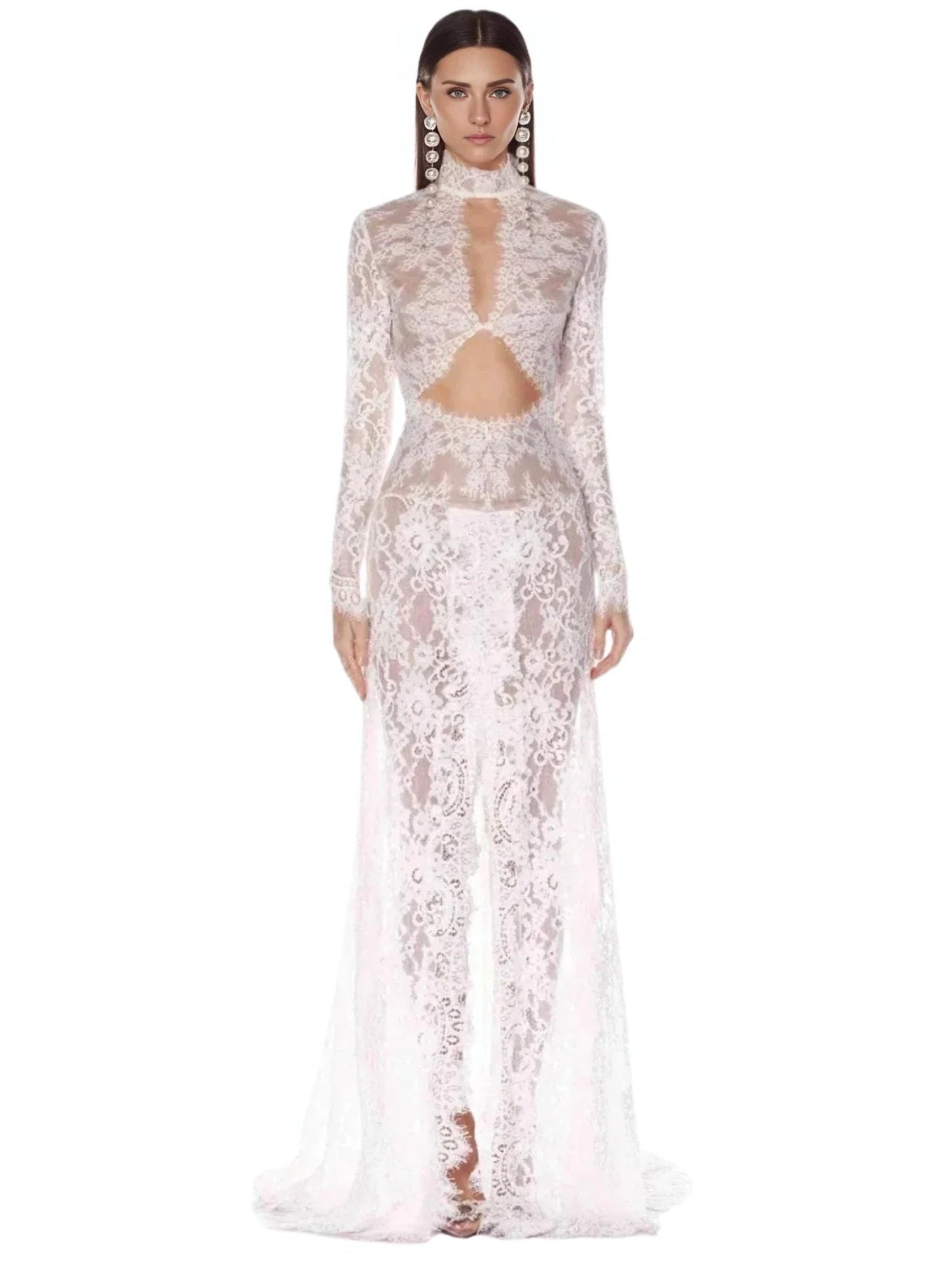 White lace dress with cut-out design on a white background