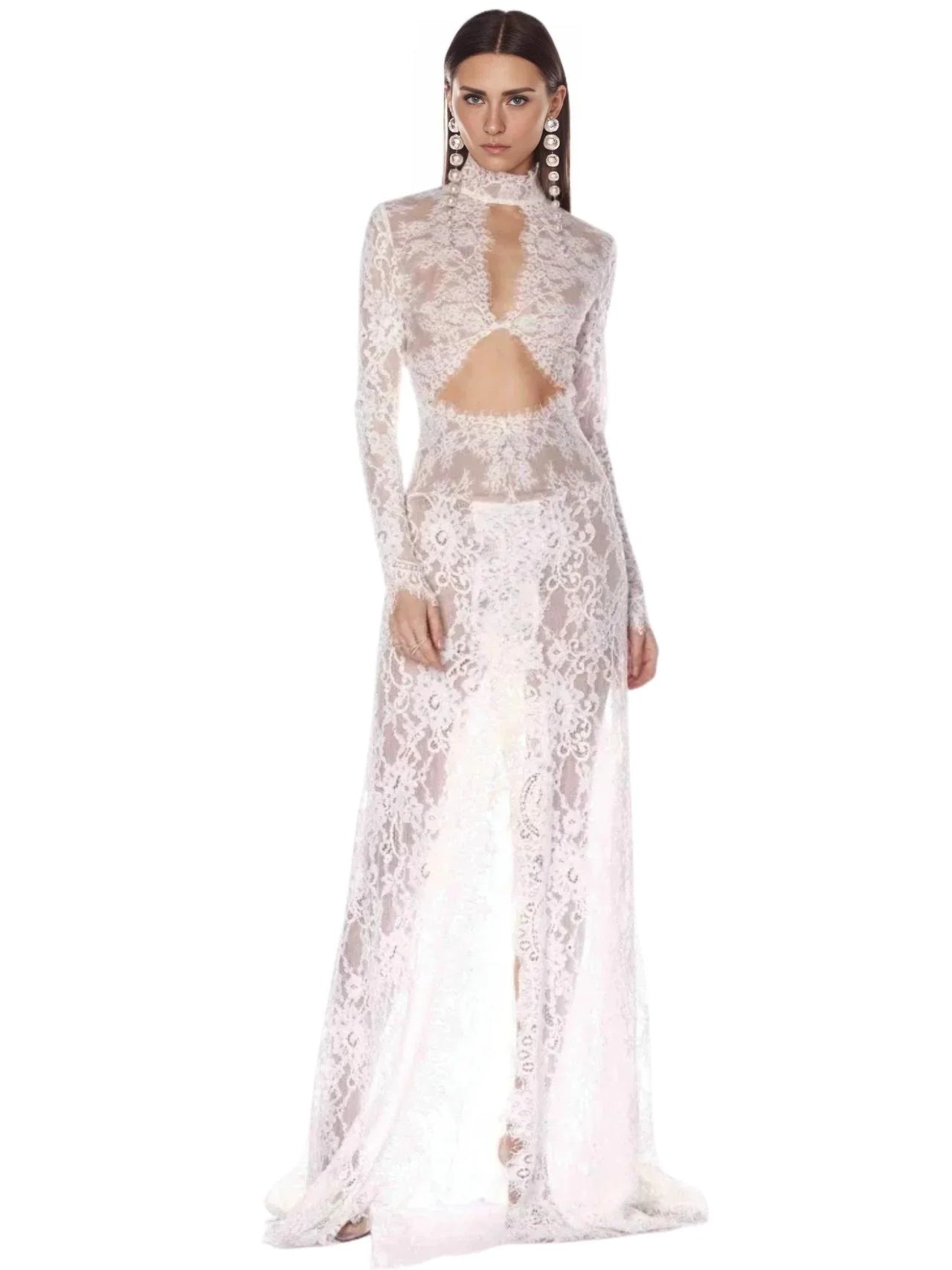White lace dress with cut-out design on a white background