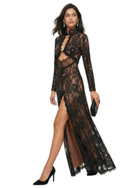 Thumbnail for Model wearing a black lace dress with a high slit on a white background