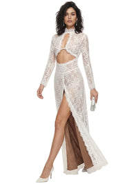 Thumbnail for Woman wearing a long sleeved white lace dress with a high slit on a white background