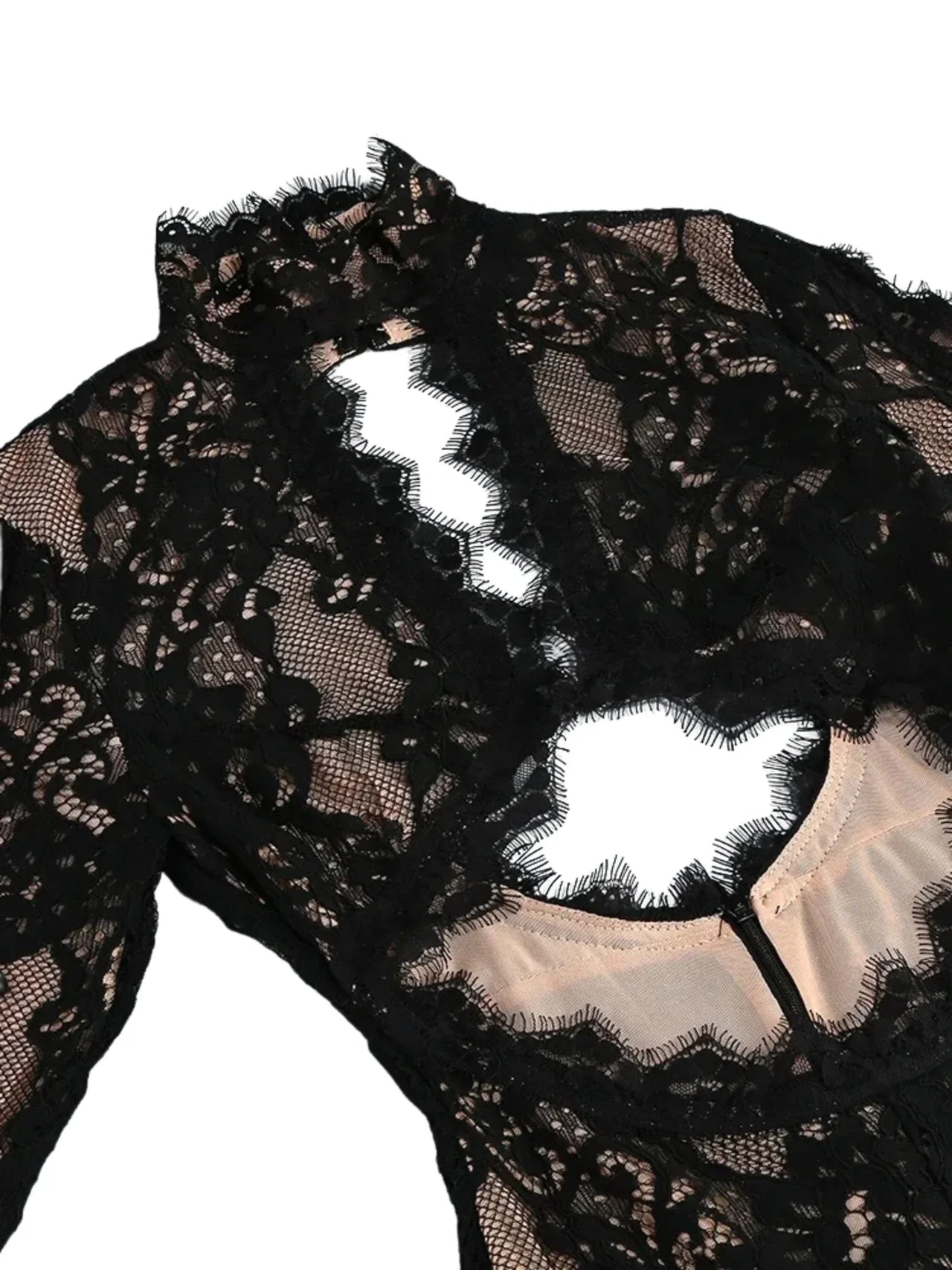 Black lace dress with sheer panels on a white background
