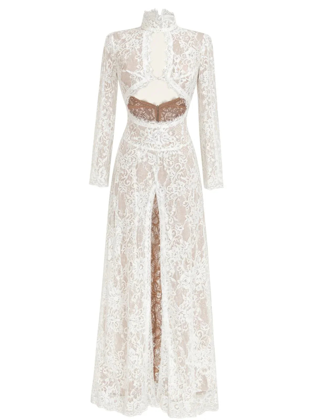 White lace dress with long sleeves and a high neckline on a white background
