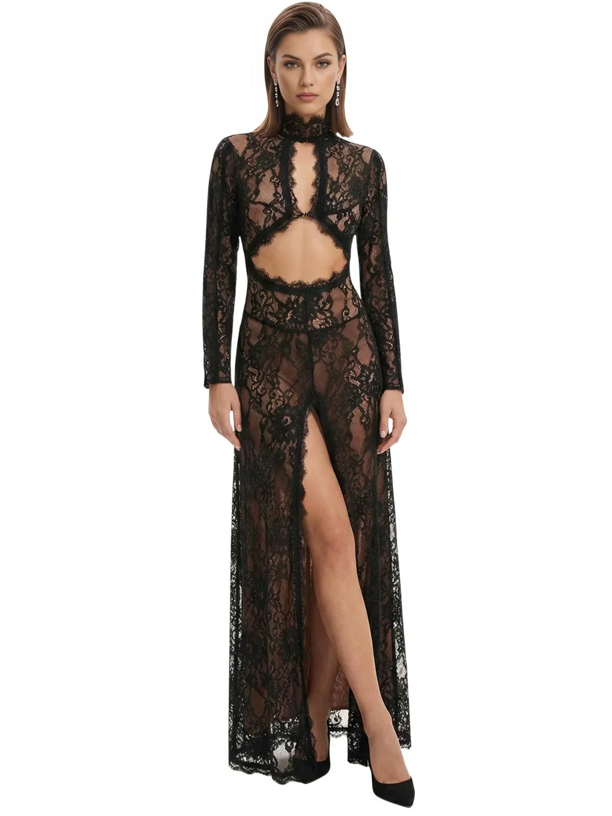Black lace dress with long sleeves and a high slit on a white background