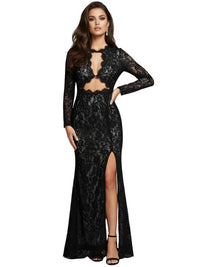 Thumbnail for Black long sleeved lace maxi dress with a high slit on a white background