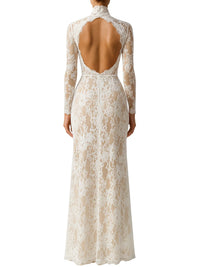 Thumbnail for Lace evening gown with long sleeves and open back on a white background