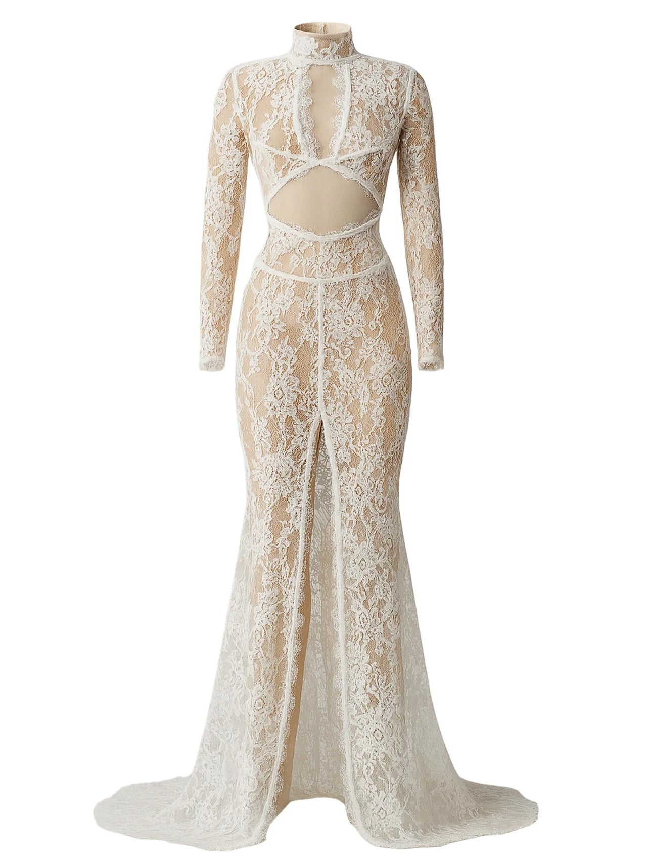 White lace evening gown with long sleeves on a white background