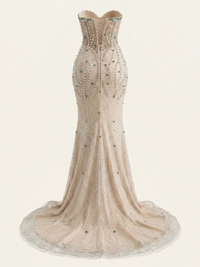 Thumbnail for Champagne strapless mermaid evening gown with intricate beadwork on a white background
