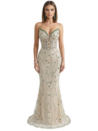 Thumbnail for Woman wearing a strapless, beaded mermaid evening gown with green gem stones on a white background