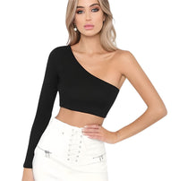 Thumbnail for Sexy Women's One Shoulder Crop Top Diagonal Collar Long Sleeve Casual Basic White Slim Fit Bodycon Tops, Drestiny, Crop Tops, Casual Shirts, Long Sleeves, Sleeveless, One Shoulder, Activewear, One Arm Crop Top, Gender_Women, S, M, L, White, Black, United States, Canada, Australia, New Zealand, United Kingdom, shopdrestiny.com