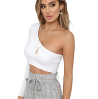 Thumbnail for Sexy Women's One Shoulder Crop Top Diagonal Collar Long Sleeve Casual Basic White Slim Fit Bodycon Tops, Drestiny, Crop Tops, Casual Shirts, Long Sleeves, Sleeveless, One Shoulder, Activewear, One Arm Crop Top, Gender_Women, S, M, L, White, Black, United States, Canada, Australia, New Zealand, United Kingdom, shopdrestiny.com