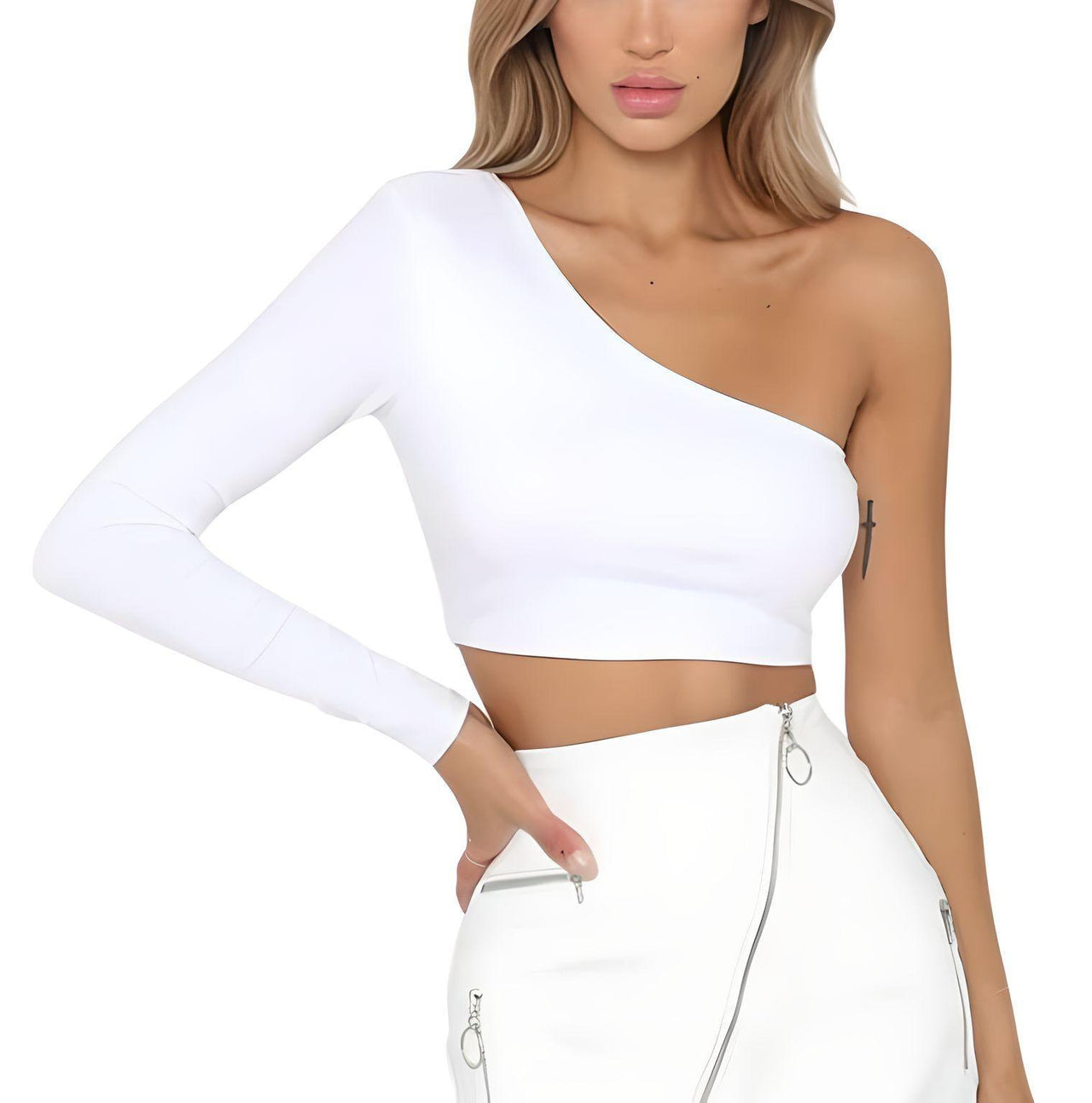 Sexy Women's One Shoulder Crop Top Diagonal Collar Long Sleeve Casual Basic White Slim Fit Bodycon Tops, Drestiny, Crop Tops, Casual Shirts, Long Sleeves, Sleeveless, One Shoulder, Activewear, One Arm Crop Top, Gender_Women, S, M, L, White, Black, United States, Canada, Australia, New Zealand, United Kingdom, shopdrestiny.com