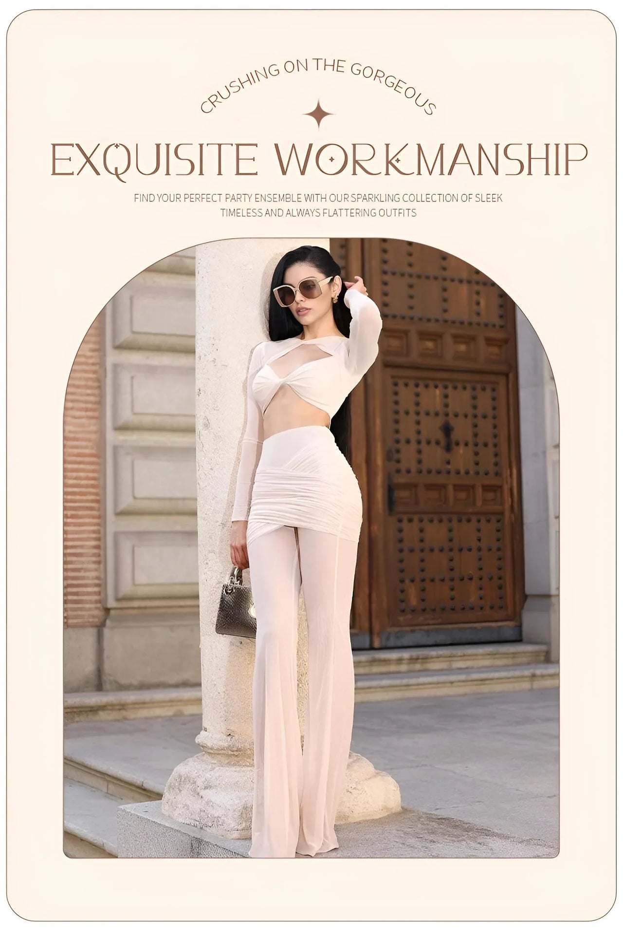 Woman wearing a sheer 2 piece beige pant set with a hollow out crop top on a white background